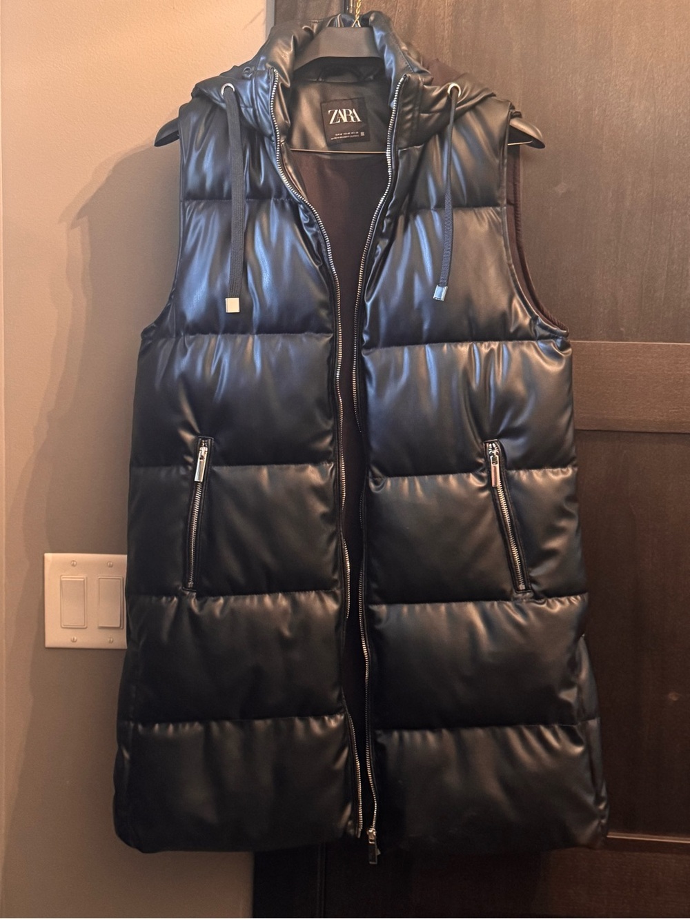 Zara Women’s Black Faux Leather Puffer Vest with Hood